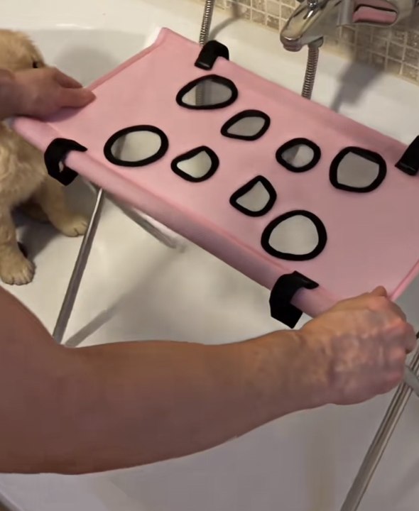 Bath hammock shown during a real dog bath